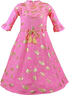 Wishkaro Girls Midi/Knee Length Casual Dress(Pink, 3/4 Sleeve)