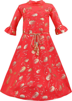 Wishkaro Girls Midi/Knee Length Casual Dress(Red, 3/4 Sleeve)