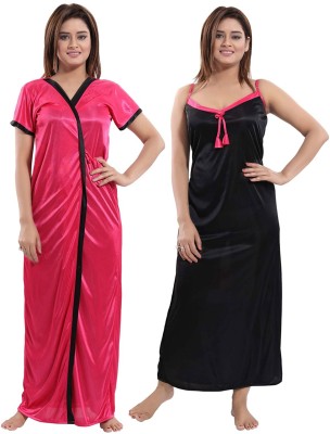 ANKONA Women Nighty with Robe(Pink, Black)