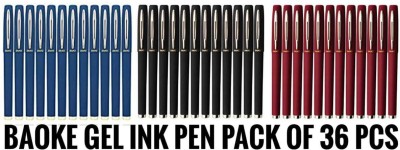 Baoke BLUE & BLACK & RED gel ink pen 0.5 mm rubber custom logo pens pack of 36 (12+12+12) pens sold by one click pick Roller Ball Pen(Pack of 36, Ink Color - Blue, Red, Black)