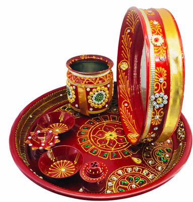 Spritualworld Stainless Steel Karwa Chauth Decorative Pooja Thali Set Stainless Steel(Multicolor)