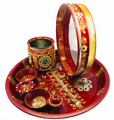 Dhandevi textiles Stainless Steel Karwa Chauth 7 Pieces Decorative Pooja Thali Set ( Red) ( Thali Size 9'') Steel(7 Pieces, Red)