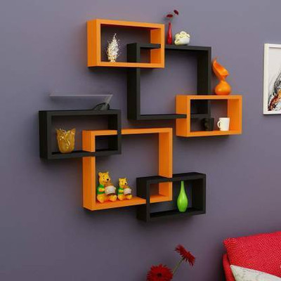 Shopdecor 6 Rectangular Intersecting Floating Wall Shelf MDF MDF (Medium Density Fiber) Wall Shelf(Number of Shelves - 6, Orange, Black)