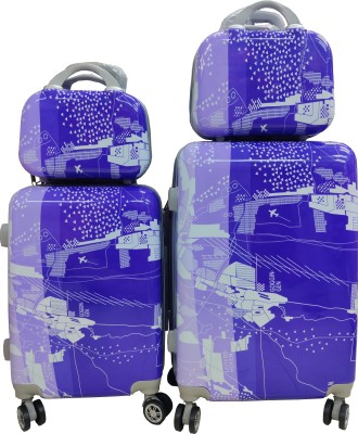 POLO CLASS Poly Carbonate Purple 2Pc set Trolley Bag with 2Pc Vanity Cabin Suitcase 4 Wheels - 22 inch