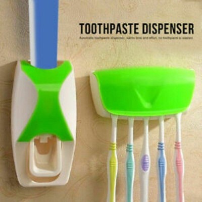 SEASPIRIT Plastic Automatic Toothpaste Dispenser and 5 Hole Dust-Proof Wall Mounted Toothbrush Holder with Cover Storage Stand for Home Bathroom Accessories Set Plastic Toothbrush Holder� Plastic Toothbrush Holder(Green, Wall Mount)