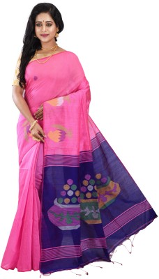 Avik Creations Self Design, Hand Painted, Embroidered, Woven, Embellished Sambalpuri Handloom Cotton Blend, Cotton Silk Saree(Blue, Pink)