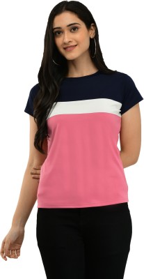 Belfry Colorblock Women Round Neck Pink T-Shirt