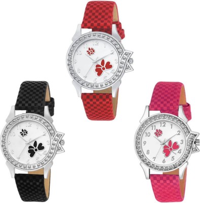 SPLAZOS Combo Pack 3 Round Diamond Stunned Formal Leather Analog Watch For Girls And Women Analog Watch  - For Women