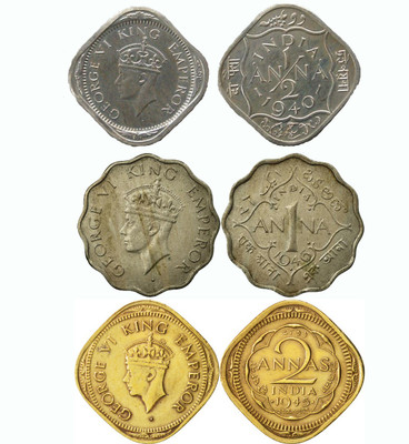 PMW GEORGE 6 - 1 ANNA - 1/2 ANNA - 2 ANNA - RARE COINS - BRITISH INDIA COIN Ancient Coin Collection(3 Coins)