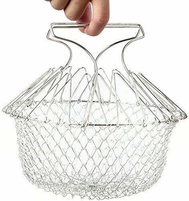 4square 4s Chef Basket Stainless Steel Fold-able Cooking Basket Collapsible Strainer(Silver Pack of 1)