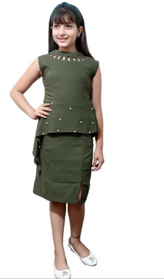 FASHION FLY Girls Below Knee Casual Dress(Green, Sleeveless)