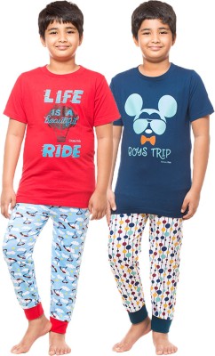 Jingo Kids Nightwear Boys Printed Cotton Blend(Multicolor Pack of 2)