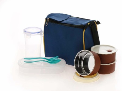 UNIQUE WORLD Lunch Box with Bag 3 Stainless Steel Containers with Plastic Sipper for School, College & Office - Insulated Fabric Bag - Leak Proof & Microwave Safe (Blue - BT 2) 3 Containers Lunch Box(300 ml)