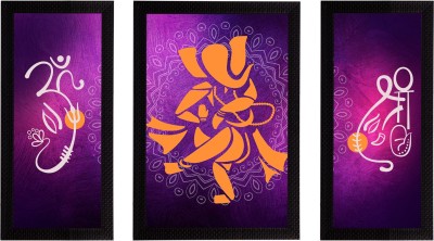 eCraftIndia Set of 3 Lord Ganesha Matt Texture UV Art Framed Ink 14 inch x 24 inch Painting(With Frame)