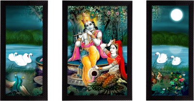 eCraftIndia Set of 3 Radha Krishna Matt Texture UV Art Framed Ink 14 inch x 24 inch Painting(With Frame, Pack of 3)