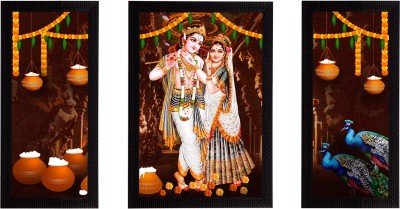 eCraftIndia Set of 3 Radha Krishna Matt Texture UV Art Framed Ink 14 inch x 24 inch Painting(With Frame)