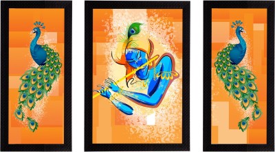 eCraftIndia Set of 3 Lord Krishna Matt Texture UV Art Framed Ink 14 inch x 24 inch Painting(With Frame)