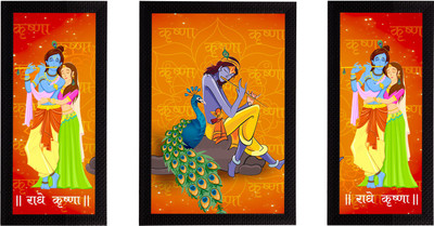 eCraftIndia Set of 3 Radha Krishna Matt Texture UV Art Framed Ink 14 inch x 24 inch Painting(With Frame)