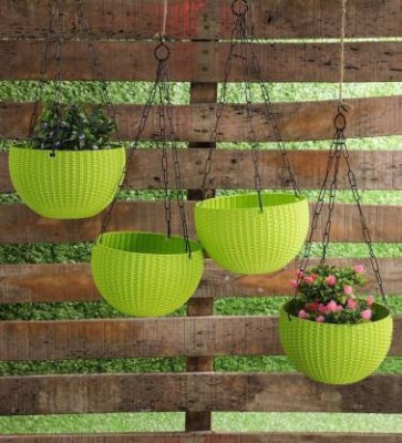 Ramanuj 8.26 inches- 4 Flower Baskets Euro Big Round Ratten Plant Hanging Basket Flower Pot with Chain Planter Garden Home Decorations For indoor/outdoor Multipurposes designer stylish look baskets for Garden Balcony Plant Container Set(Pack of 4, Plastic)