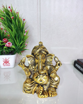 KridayKraft Metal Ganesha Statue Hindu God Ganesh Ganpati Sitting Idol Sculpture Good Luck & Success for Home Puja Gifts(Size: 6.5 x 6 Inches, Golden Finish) Decorative Showpiece  -  18 cm(Metal, Gold)
