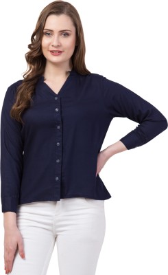 LOOKS18 Casual 3/4 Sleeve Solid Women Blue Top