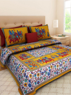 vasu clothing Cotton Double Flat 300 TC Jaipuri Prints Bedsheet(Pack of 1, Yellow, White, Blue, Red)