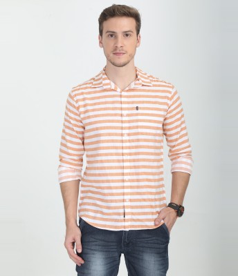 Rope Men Striped Casual White, Orange Shirt