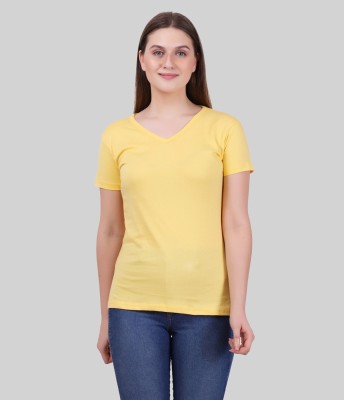 Fleximaa Solid Women Polo Neck Yellow T-Shirt