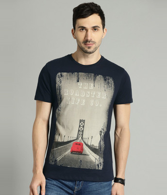 Roadster Printed Men Round Neck Dark Blue T-Shirt