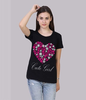 VEERAA CLOTHING Floral Print Women Round Neck Black T-Shirt