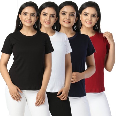 JOYCOOTS Solid Women Round Neck Multicolor T-Shirt