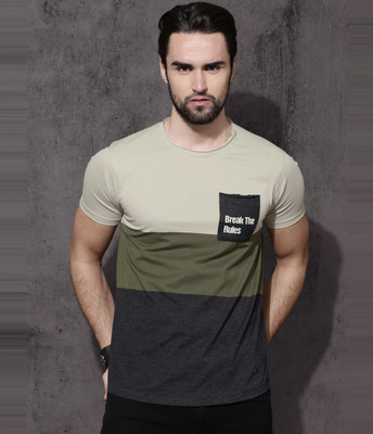 Roadster Colorblock Men Round Neck Beige T-Shirt