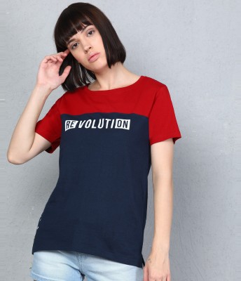 METRONAUT Printed Women Round Neck Dark Blue, Red T-Shirt