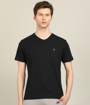 VAN HEUSEN Solid Men V Neck Black T-Shirt