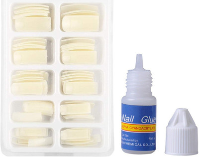 angelie acrylic artificial shining French manicure fake nails with Glue While - Pack of 50 White(Pack of 50)
