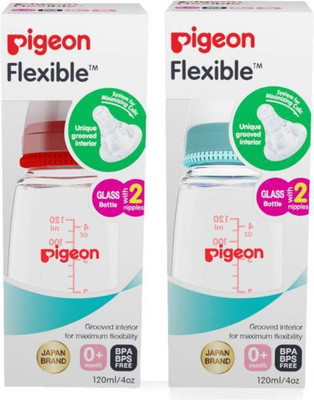 Pigeon Glass Feeding 120ml Bottle with Add Nipple, Small. COMBO PACK OF 2 - 240 ml(Blue, Red)