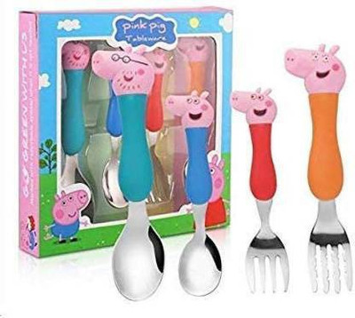 TOYBIN cute PIG shape SPOON SET CUTLERY SET FOR KIDS STAINLESS SPOON 4 PIECES 2 FORK 2 SPOON Stainless Steel Cutlery Set(Pack of 4)