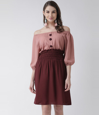 KASSUALLY Women Fit and Flare Maroon, Pink Mini/Short Dress