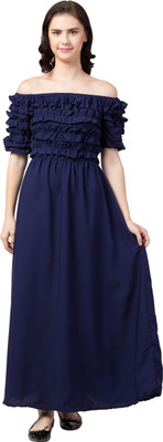 Muskan Enterprises Women Fit and Flare Dark Blue Maxi/Full Length Dress