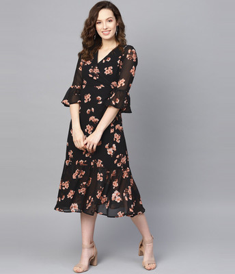 SASSAFRAS Women A-line Black Midi/Calf Length Dress