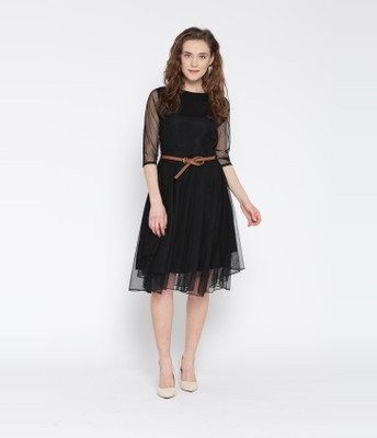 U&F Women Fit and Flare Black Knee Length Dress