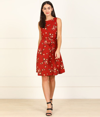 Tokyo Talkies Women Fit and Flare Maroon Knee Length Dress