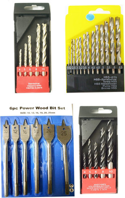 Inditools High Quality 4 Type drill bit set 13pc hss 5pc masonry 5pc wood and 6pc Flit wood drill bit set