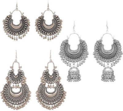 PRASUB Combo of 3 pair Trendy silver Multicolor chandbali Bollywood afgani Stylish Earrings for Women and Girls Beads Alloy Chandbali Earring