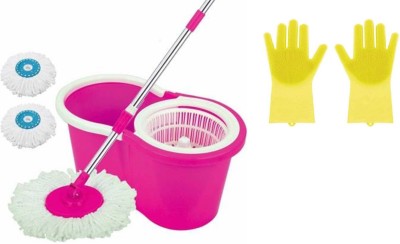 Majron 360 Spin Easy Clean with Microfiber Spinning Head and 2 Refills Mop Set (Multicolor) With Kitchen Gloves Set Mop Set