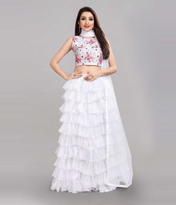 Divastri Printed Semi Stitched Lehenga Choli(White)