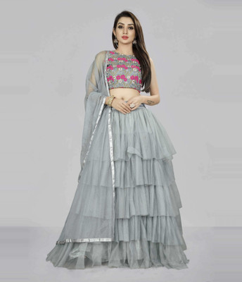 Fabcartz Embroidered Semi Stitched Lehenga Choli(Grey)