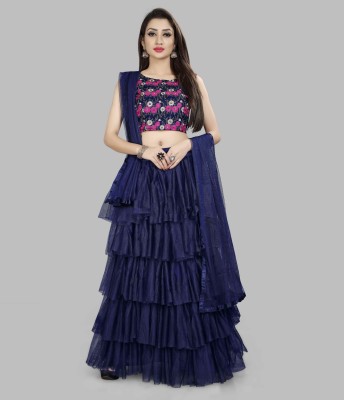 Divastri Embroidered Semi Stitched Lehenga Choli(Dark Blue)