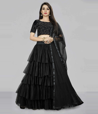 Divastri Printed Semi Stitched Lehenga & Crop Top(Black)