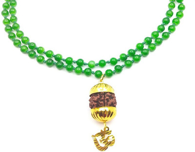 Raviour Lifestyle Raour Liftyle Mahadev Shiva Om Rudraksha Pendant With Green Hakik Agate 108 beads Mala For Mahadev Blessing Agate Dori Chain